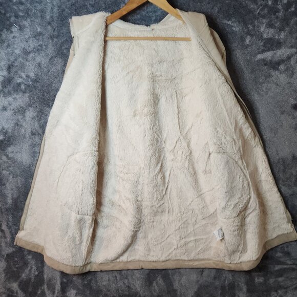 Uniqlo Jacket Womens XL Tan Cream Suede Faux Fleece Longline Coat Hood Sherpa - Picture 3 of 8